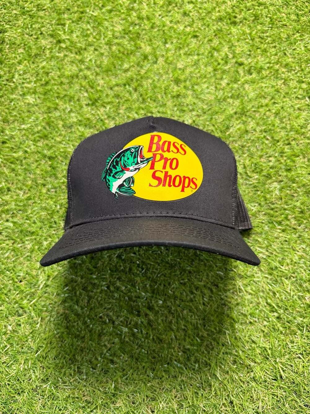 Bass Pro Shops Black Mesh Back Trucker Hat Leaping Bass Logo Cap